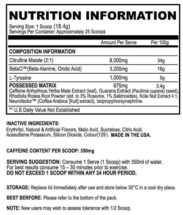 BZRK Performance Pre-Workout - Supp Facts