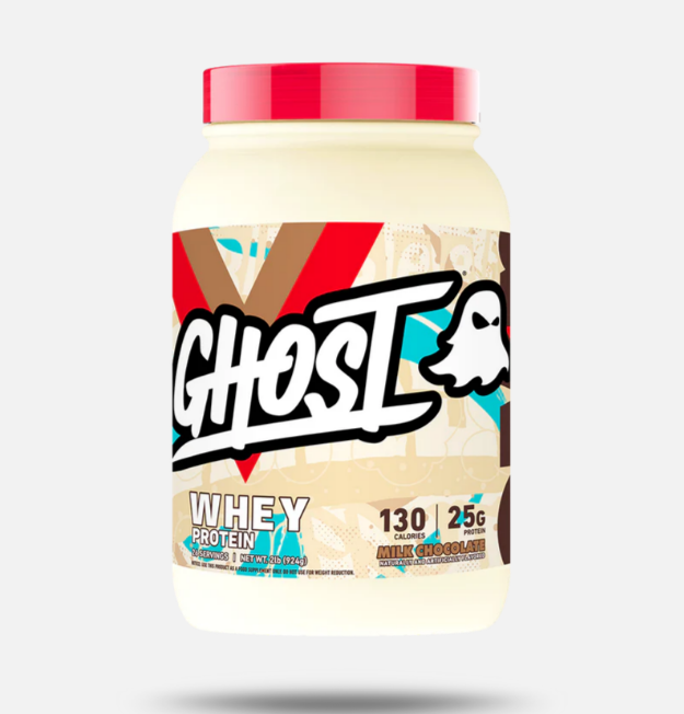 Ghost whey protein container with red lid on a white background Milk Chocolate